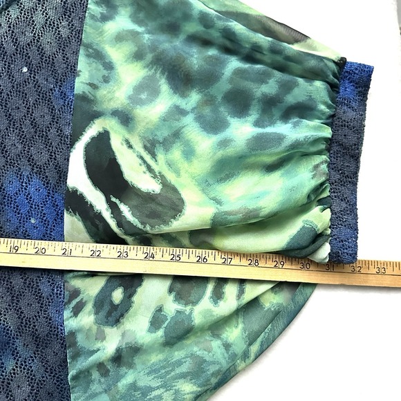 Alberto Makali Blouse Top S Small Chiffon Crochet Sequin Blue Green Art - Picture 7 of 11